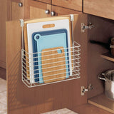 mDesign Metal Over Cabinet Kitchen Storage Organizer Holder or Basket - Hang Over Cabinet Doors in Kitchen/Pantry - Holds Bakeware, Cookbook, Cleaning Supplies - Satin