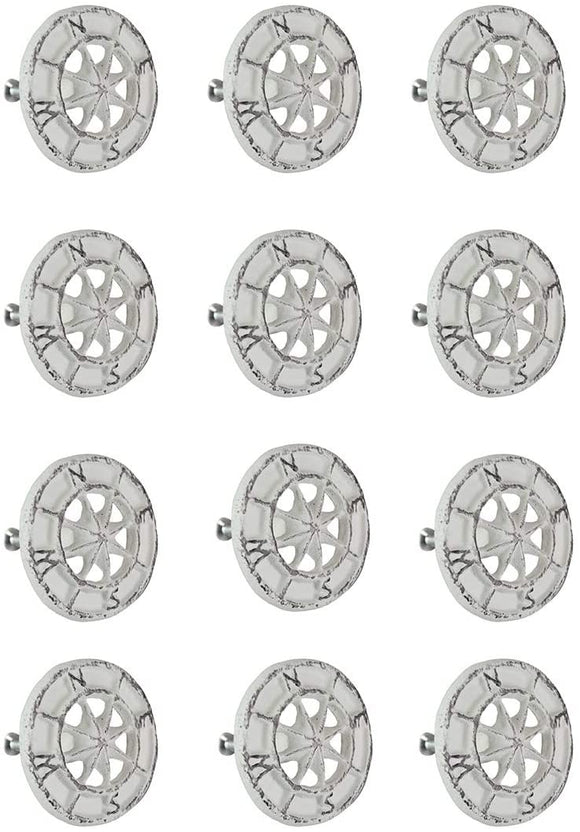 Zeckos Set of 12 White Cast Iron Compass Rose Cabinet Hardware Knobs Drawer Pull Handle