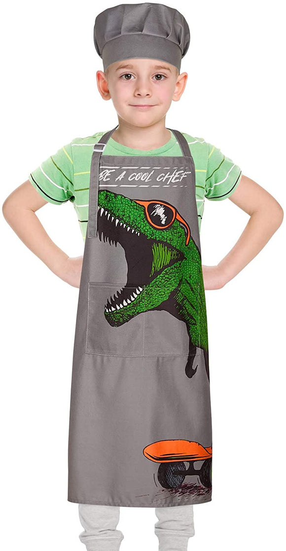 Play Tailor Kids Apron for Boys Cooking Baking Dinosaur Aprons and Chef Hat Set, Adjustable Strap with 2 Pockets, 3-12 Years, Grey