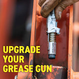 Grease Gun Coupler locks onto Zerk fittings. Grease goes in, not on the machine. World's best-selling original locking grease coupler. Rated 10,000 PSI. Long-lasting rebuildable tool.