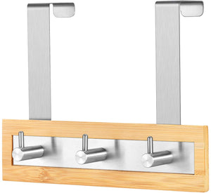 ToiletTree Products Bamboo Wood & Stainless Steel Over The Door Towel Rack, 3 Hooks