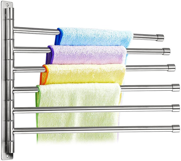 Sumnacon Wall Mounted Swing Towel Bar - Silver Stainless Steel Bath Towel Rod Arm, Bathroom/Kitchen Swivel Towel Rack Hanger Holder Organizer, Folding Space Saver Towel Rail (6 Bar)