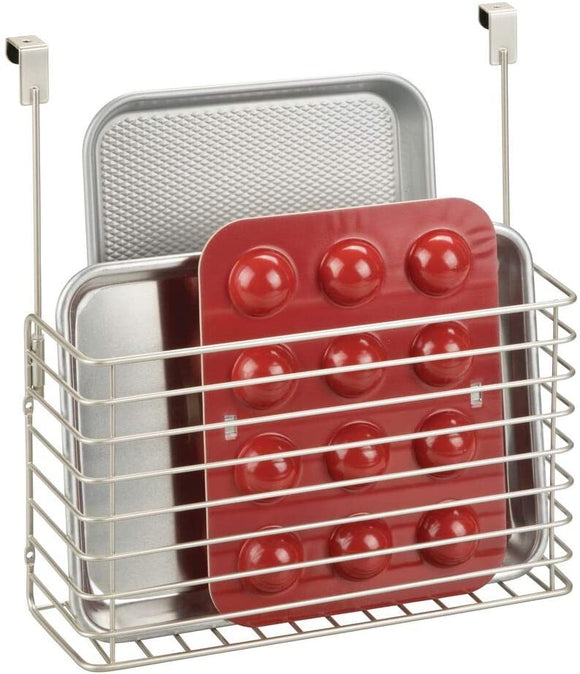 mDesign Metal Over Cabinet Kitchen Storage Organizer Holder or Basket - Hang Over Cabinet Doors in Kitchen/Pantry - Holds Bakeware, Cookbook, Cleaning Supplies - Satin