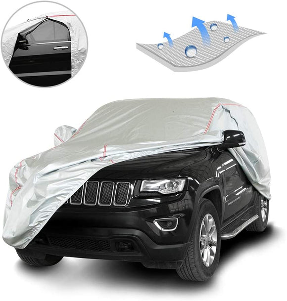 Tecoom Hard Shell Breathable Material Door Shape Zipper Design Waterproof UV-Proof Windproof Car Cover for All Weather Indoor Outdoor Fit 196-210 Inches SUV/Van