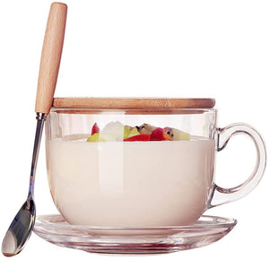 Teemall 16oz Morning Mug Clear Glass Tea Cup Coffee Mug with Bamboo Lid and Saucer,Spoon