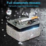 Ashtray,Stainless Steel Ashtray with Lid Bling Crystal Diamonds,Cigarette Ashtray for Indoor or Outdoor Use,Ash Holder for Smokers,Desktop Smoking Ash Tray for Home Office Decoration,Square - Silver