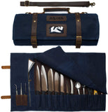 Asaya Waxed Canvas Knife Roll - 15 Knife Slots, Card Holder and Large Zippered Pocket - Genuine Leather, Cloth and Brass Buckles - for Chefs and Culinary Students - Knives Not Included