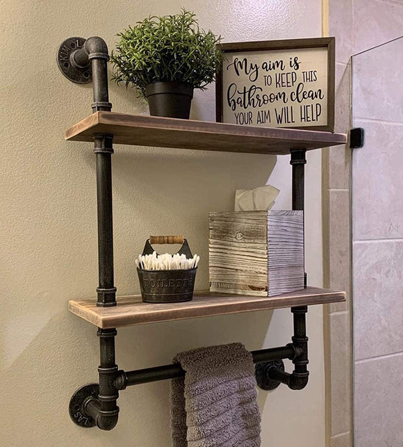 Industrial Pipe Shelf Rustic Wall Shelves with Towel Bar 24