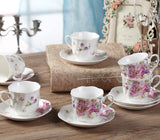 GY 12 PCS Tea Set - 7oz New Bone China tea Cups and Saucers with Pink Flower Pattern Porcelain Cups for Mocha Cappuccino Tea and coffee