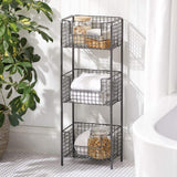 mDesign 3 Tier Vertical Standing Bathroom Shelving Unit, Decorative Metal Storage Organizer Tower Rack with 3 Basket Bins to Hold and Organize Bath Towels, Hand Soap, Toiletries - Graphite Gray