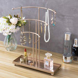 MyGift 3-Tier Rose Gold Metal Tabletop Curved T-Bar Jewelry Necklace Stand with Ring Tray