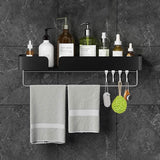 Bathroom Shelf with Towel Bar and 4 Multi-Function Hooks, Wall Mounted Shower Shelf Rustproof Space Aluminum, Matte Self-Adhesive Wall Shelves for Bathroom and Kitchen(Black)