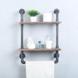 Industrial Bathroom Shelves Wall Mounted 2 Tiered,Rustic 19.68in Pipe Shelving Wood Shelf with Towel Bar,Farmhouse Towel Rack,Metal Floating Shelves Towel Holder,Iron Distressed Shelf Over Toile