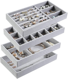 Jewelry Trays Organizer, Stackable Closet Dresser Drawer Accessories Tray Set of 4 Drawer Organizer for Earring, Ring, Gadgets & Cosmetics, Display Organizer Necklace Storage Showcase Bracelet Removable Tray