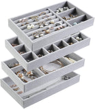 Jewelry Trays Organizer, Stackable Closet Dresser Drawer Accessories Tray Set of 4 Drawer Organizer for Earring, Ring, Gadgets & Cosmetics, Display Organizer Necklace Storage Showcase Bracelet Removable Tray