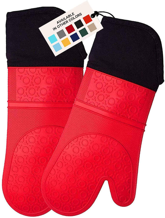 HOMWE Extra Long Professional Silicone Oven Mitt, Oven Mitts with Quilted Liner, Heat Resistant Pot Holders, Flexible Oven Gloves, Red, 1 Pair, 14.7 Inch