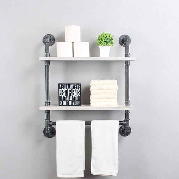 Industrial Pipe Bathroom Shelf with Towel Bar,Rustic Bathroom Shelves Wall Mounted,2 Layer Storage Wall Shelf for Kitchen,Floating Shelves,Bathroom Shelves Over Toilet,Vintage White(24inch)