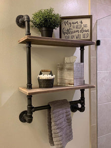 Industrial Pipe Bathroom Shelves Wall Mounted 2-Shelf,Rustic Pipe Shelving Wood Shelf with Towel Bar,Pipe Floating Shelves Towel Holder