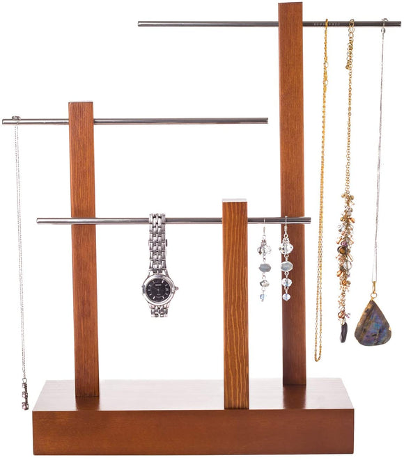 Jewelry Tree Stand Organizer, Wooden 3-Tier Table Top Hanging Jewelry Holder and Display for Necklaces, Bracelets, Bangles, Earrings and Rings, Solid Wood with Metal Tubing