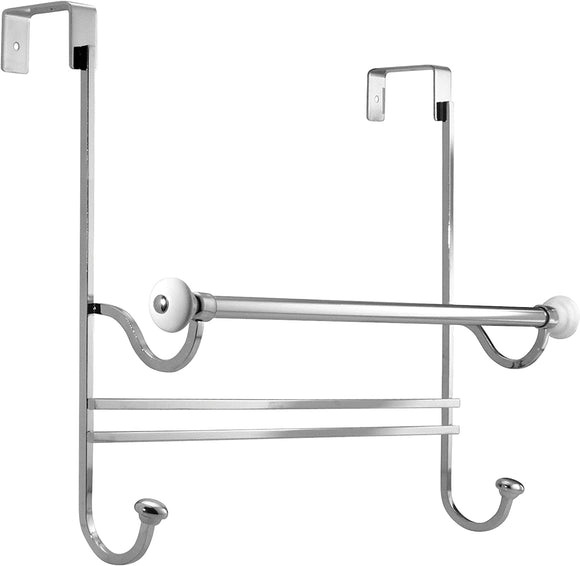 iDesign York Steel Over-The-Door Towel Rack with Storage Hooks - 17.75