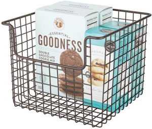 mDesign Metal Kitchen Pantry Food Storage Organizer Basket Bin - Farmhouse Grid Design with Open Front for Cabinets, Cupboards, Shelves - Holds Potatoes, Onions, Fruit - 12" Wide - Bronze