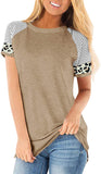 Women's Summer Short Sleeve Leopard Patchwork Striped T-Shirt