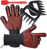 EUHOME 3 in 1 BBQ Gloves Grill Accessories with EN407 Certified Oven Mitts 1472 F° Extremely Heat Resistant Gloves, Grill Brush & BBQ Bear Claws for Men, Grill, Baking, Christmas