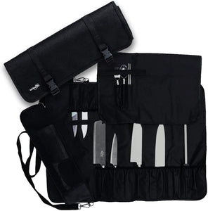 Luxira Knife Roll Bag With 16 slots for Knives, Utensils AND Mesh zipper holder for Meat Cleaver | Multi-function Knife Carrier Storage Case with Detachable Shoulder strap (Bag only)