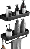 Delysia king Bathroom Shelves with Towel Bar and 5 Hooks,Metal Wall Mounted Storage Shelves Organizer for Bathroom, Kitchen, Set of 2 (Black)