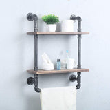 Industrial Bathroom Shelves Wall Mounted 2 Tiered,Rustic 19.68in Pipe Shelving Wood Shelf with Towel Bar,Farmhouse Towel Rack,Metal Floating Shelves Towel Holder,Iron Distressed Shelf Over Toile