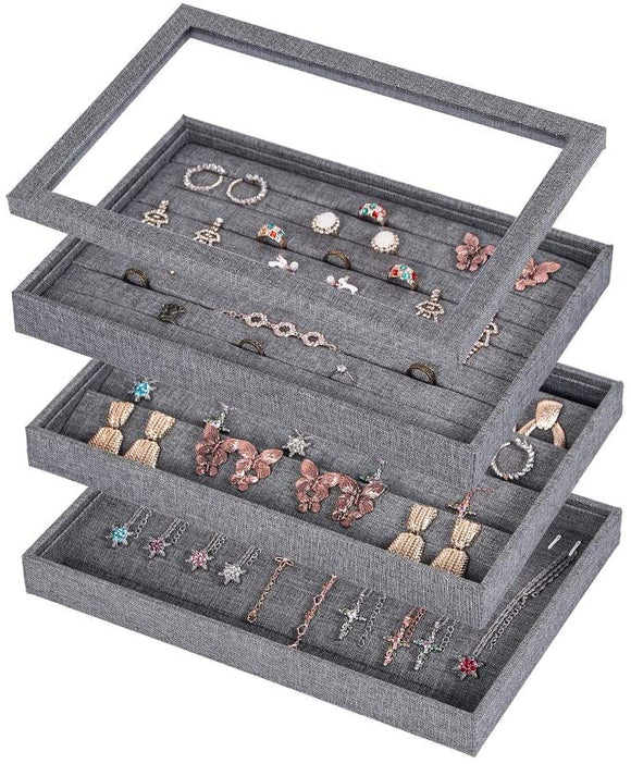 Sackcloth Stackable Jewelry Tray With Lid Jewelry Organizer For Drawer Earring Storage Necklace Organizer Ring Box Bracelact Display Set(gray-black)