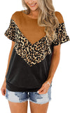 Women's Summer Short Sleeve Leopard Patchwork Striped T-Shirt