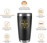 70th birthday gifts for dad mom, Double Wall Vacuum Insulated tumbler, Men 70th Birthday Gift Ideas, 1951 Birthday Gifts for Men, 70 year old gifts for women (20 oz, Black)