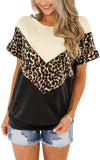 Women's Summer Short Sleeve Leopard Patchwork Striped T-Shirt