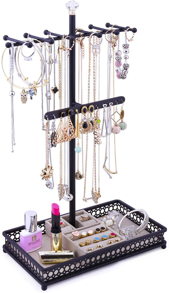 Meangood Jewelry Tree Stand Organizer 3in1 Necklace Organizer Display Bracelet Earrings and Ring Tray Jewelry Holder Hanger Metal（Black）