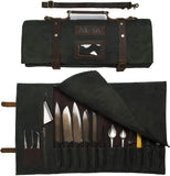 Asaya Waxed Canvas Knife Roll - 15 Knife Slots, Card Holder and Large Zippered Pocket - Genuine Leather, Cloth and Brass Buckles - for Chefs and Culinary Students - Knives Not Included