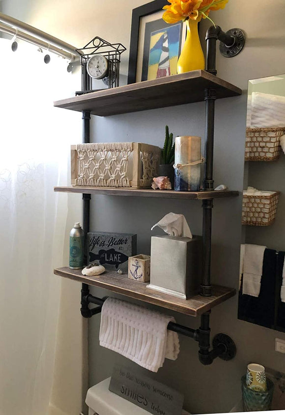 Industrial Pipe Shelf,Rustic Wall Shelf with Towel Bar,24