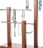 Jewelry Tree Stand Organizer, Wooden 3-Tier Table Top Hanging Jewelry Holder and Display for Necklaces, Bracelets, Bangles, Earrings and Rings, Solid Wood with Metal Tubing