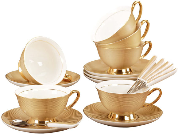 Jusalpha Porcelain Tea Set-Golden Brown Tea Cup and Saucer Coffee Cup Set with Spoon FD-TCS09 (Set of 6)