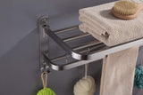 ELLO&ALLO Stainless Steel Rack Shelf for Bathroom, Double Towel Bar Holder with Hooks Wall Mounted Multifunctional Foldable Brushed Nickel, Burshed