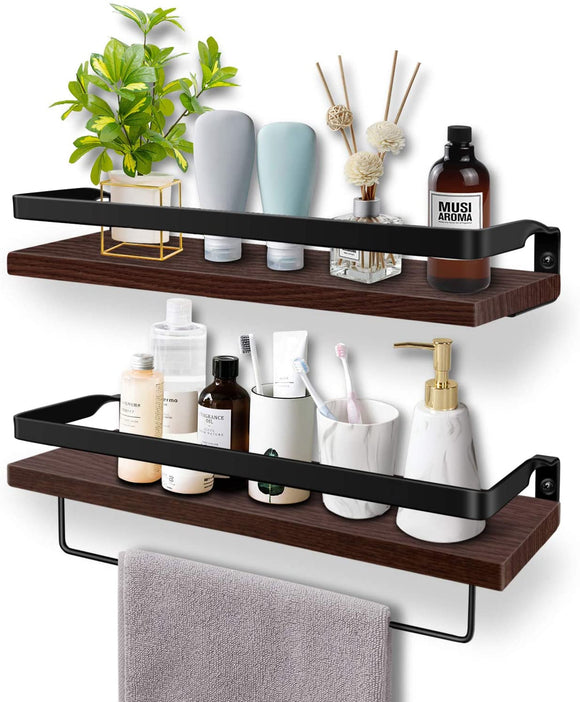 Soraken Floating Shelves, Wall Shelves Wall Mounted Bathroom Shelf, Rustic Wood Wall Storage Shelves for Kitchen, Bathroom, Living Room and Bedroom Set of 2 with Removable Towel Holder-Vintage Black