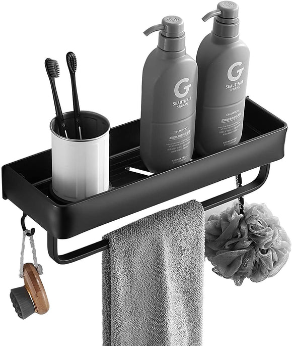 Delysia King Bathroom Shelves with Towel Bar,Wall Mounted Shower Storage Shelves Organizer for Bathroom,Kitchen (Black)