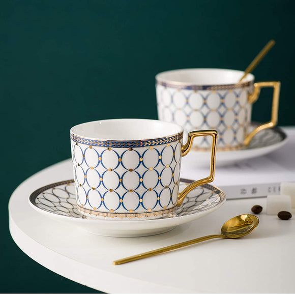 European Style Cup and saucer set, 6.8 Oz bone China beautifully glazed white Gold Tea Cup and saucer, golden spoon, Mug, Cappuccino, Latte, MOCHA, espresso, modern design. (white)