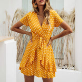 Womens Dresses V Neck Polka Dot Ruffles Mini Sexy Dress Short Sleeve Summer Dresses with Belt