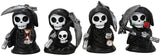 Ebros Time Waits for No Man Mini 4" Tall Chibi Grim Reapers with Scythe Holding Hourglass Skull Clock and Rose Stalk Figurines Set of 4 As Gothic Skeleton Caped Harbinger of Doom Statues