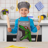 Play Tailor Kids Apron for Boys Cooking Baking Dinosaur Aprons and Chef Hat Set, Adjustable Strap with 2 Pockets, 3-12 Years, Grey