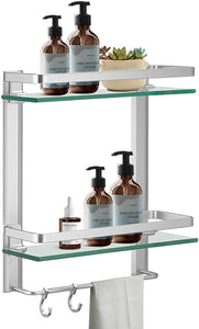 BESy Heavy Duty Lavatory Glass Bathroom Shelf, 2 Tier Tempered Glass Shower Shelves with Towel Bar Wall Mounted, Shower Storage 15 by 5 inches, Matte Black Finish/Aluminum