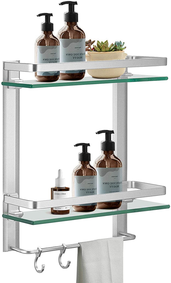 BESy Heavy Duty Lavatory Glass Bathroom Shelf, 2 Tier Tempered Glass Shower Shelves with Towel Bar Wall Mounted, Shower Storage 15 by 5 inches, Dull Polished Finish/Aluminum