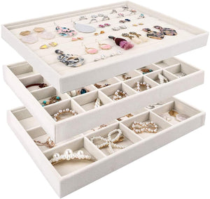 Mebbay Stackable Velvet Jewelry Trays Organizer, Jewelry Storage Display Trays for Drawer, Earring Necklace Bracelet Ring Organizer, Set of 3 (Grey)