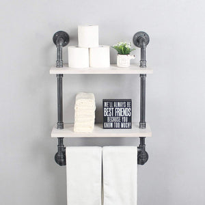 Industrial Pipe Bathroom Shelf with Towel Bar,Rustic Bathroom Shelves Wall Mounted,2 Layer Storage Wall Shelf for Kitchen,Floating Shelves,Bathroom Shelves Over Toilet,Vintage White(24inch)